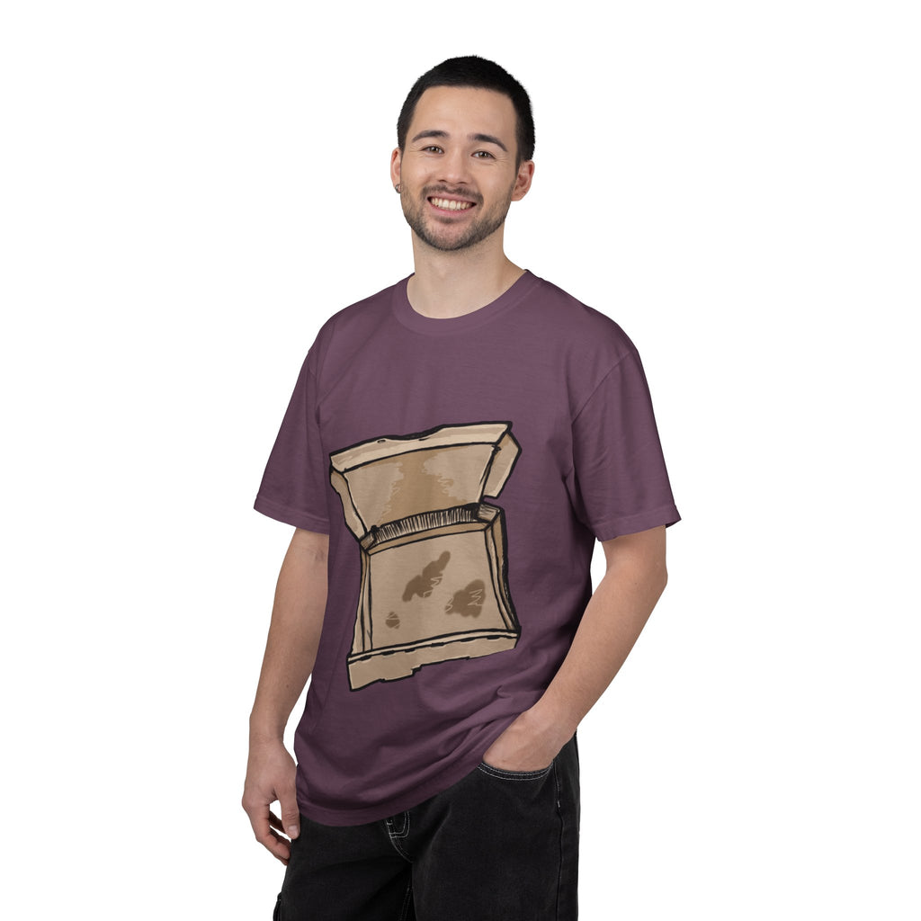 Hand-drawn empty pizza box t-shirt showing open box with grease stains on Comfort tee from PizzaBytes collection
