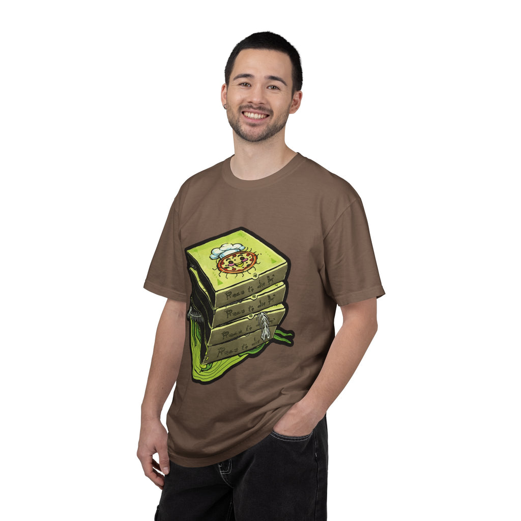 Hand-drawn toxic pizza stack t-shirt with glowing green pizza character and slimy tentacle on tee from PizzaBytes collection