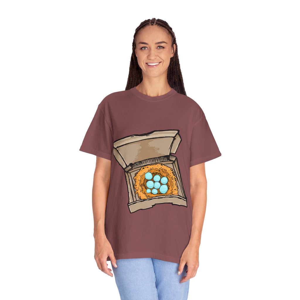 Hand-drawn bird nest pizza box t-shirt showing open pizza box with a straw nest and blue eggs from PizzaBytes collection

