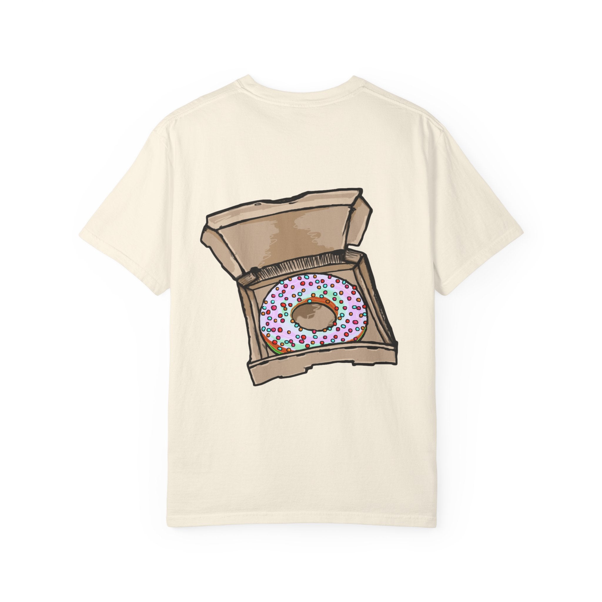 Freaky Features Mushroom Boy t-shirt, front shows grotesque mushroom skull with red cap and multiple eyes, back shows open pizza box with rainbow sprinkle donut
