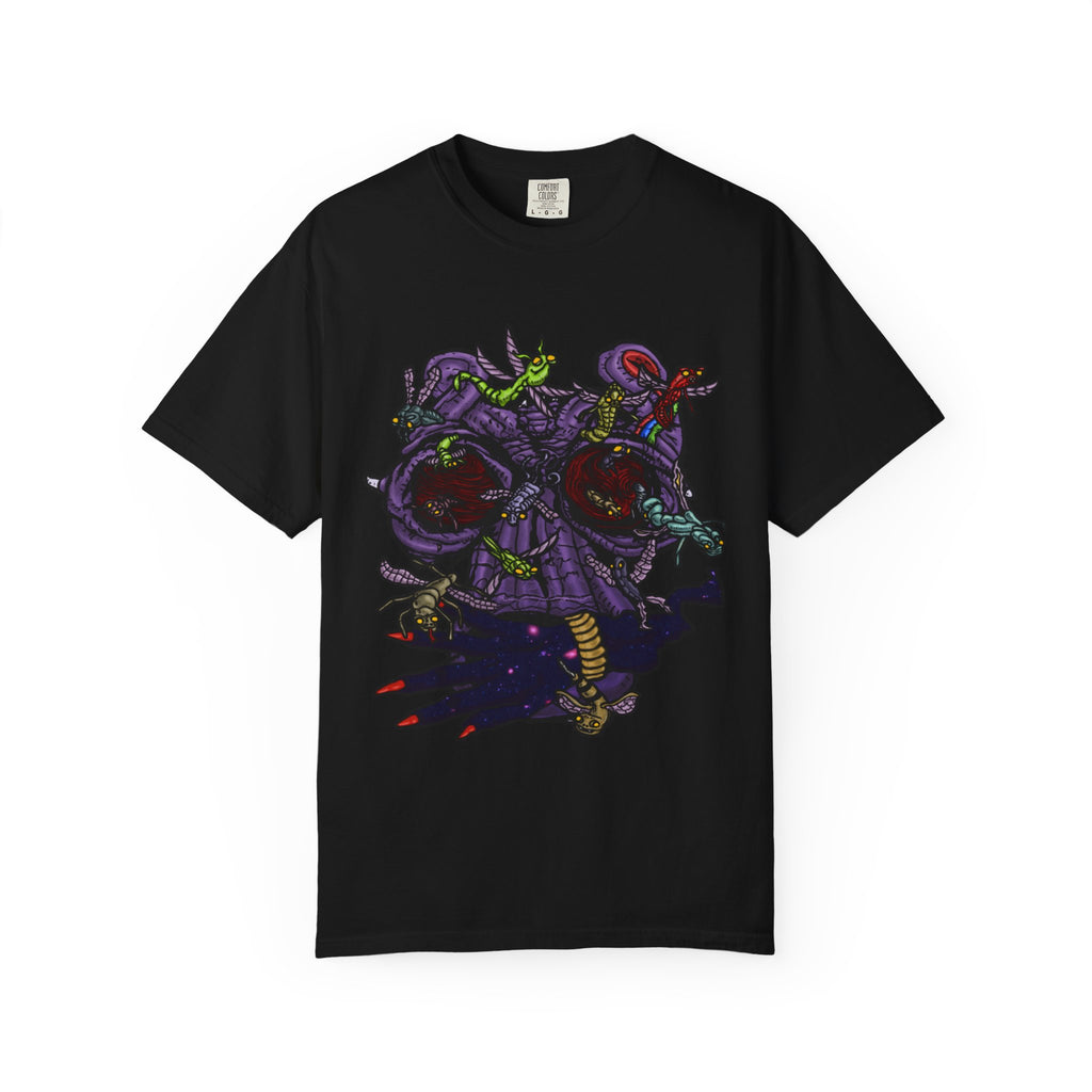 Freaky Features Alien t-shirt, front shows chaotic purple alien tentacles and insect swarm, back shows open pizza box designed as retro TV with pepperoni pizza inside

