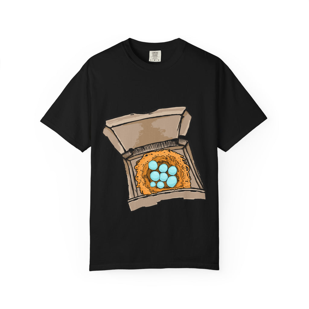 Hand-drawn bird nest pizza box t-shirt showing open pizza box with a straw nest and blue eggs from PizzaBytes collection


