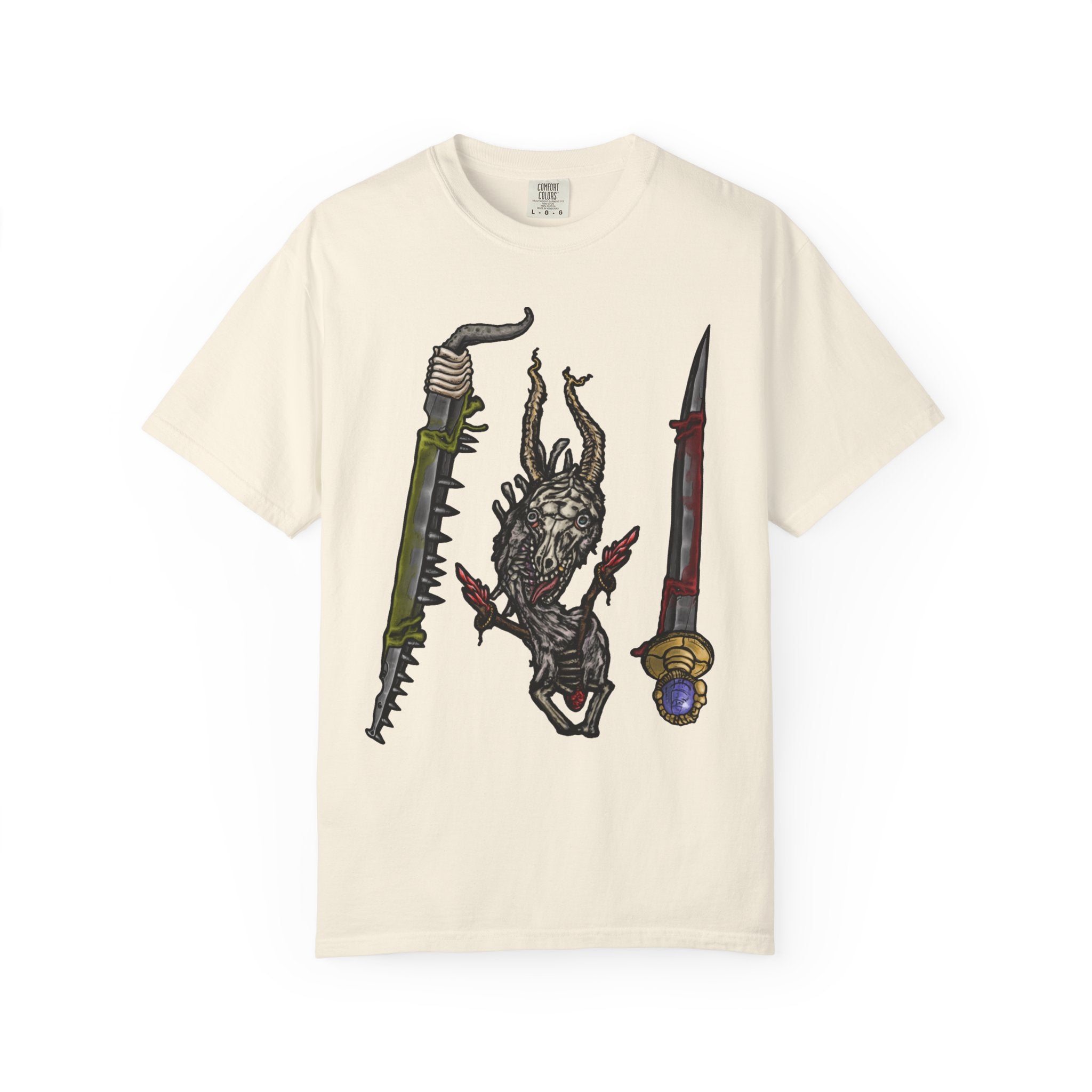 Hand-drawn Item Selection #2 t-shirt from Freaky Features showing a reptilian monster holding a chainsaw sword, bloody dagger and twisted staff on cream tee

