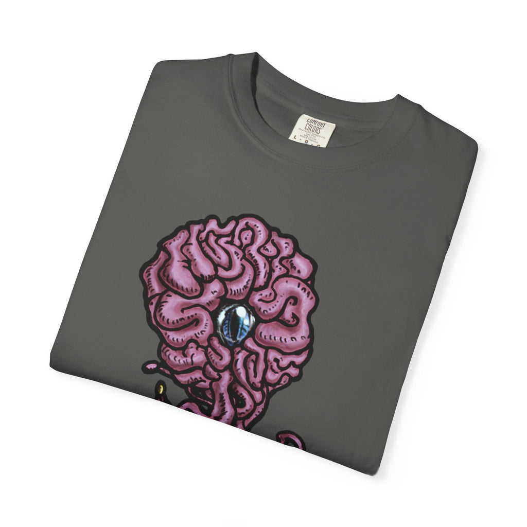 Freaky Features Brian t-shirt, front shows purple brain monster with tentacles, back shows open purple pizza box with a donut inside
