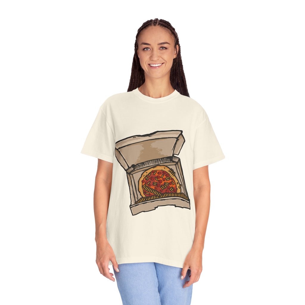 Hand-drawn pepperoni and bullets pizza box t-shirt showing open pizza box with pepperoni pizza surrounded by bullets from PizzaBytes collection

