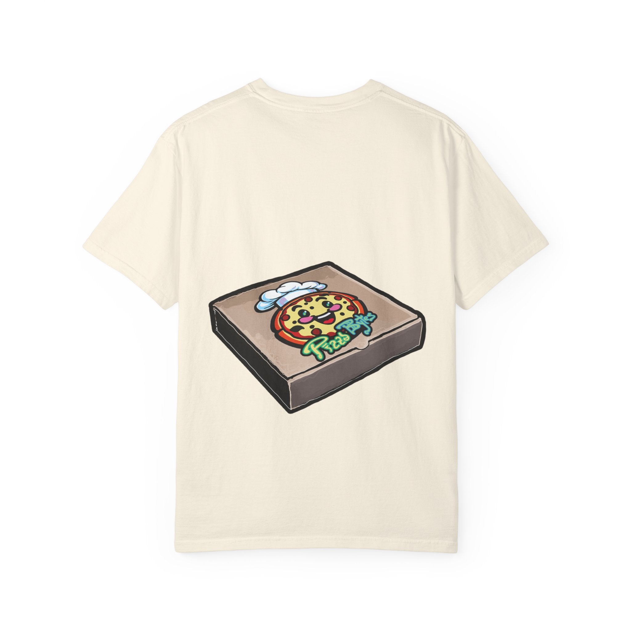 Hand-drawn donut pizza box t-shirt showing open pizza box with chocolate glazed donut from PizzaBytes collection

