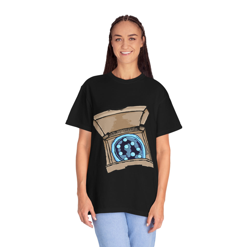 Hand-drawn ice pizza box t-shirt showing open pizza box with glowing blue ice pizza and floating orbs from PizzaBytes collection

