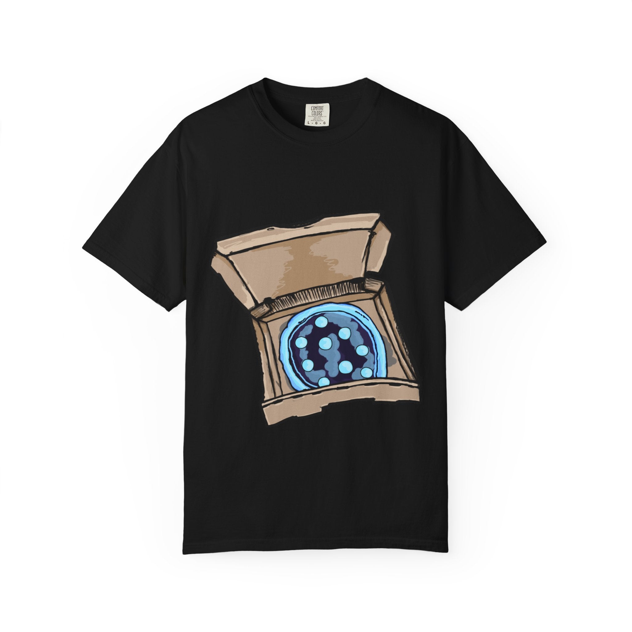 Hand-drawn ice pizza box t-shirt showing open pizza box with glowing blue ice pizza and floating orbs from PizzaBytes collection

