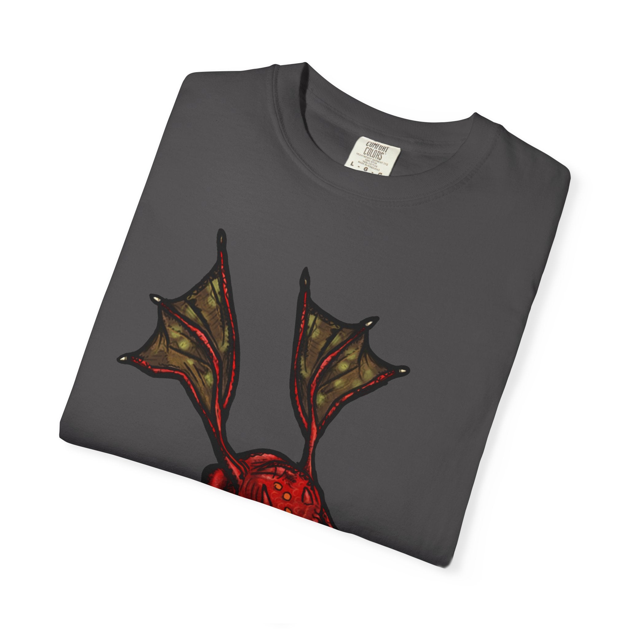 Freaky Features Fire Imp t-shirt, front shows a red bat-winged fire imp, back shows a monster-headed pizza box being raided by little red devils 
