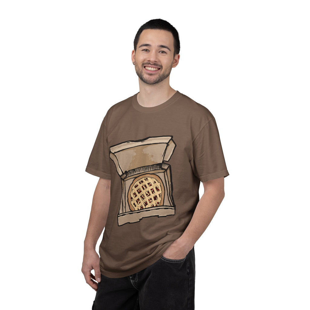 Hand-drawn cherry pie pizza box t-shirt showing open pizza box with lattice-top cherry pie from PizzaBytes collection

