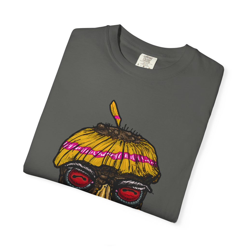 Freaky Features HorrorBird t-shirt, front shows deranged rooster head with long tongue, back shows open pizza box with bird nest and blue eggs
