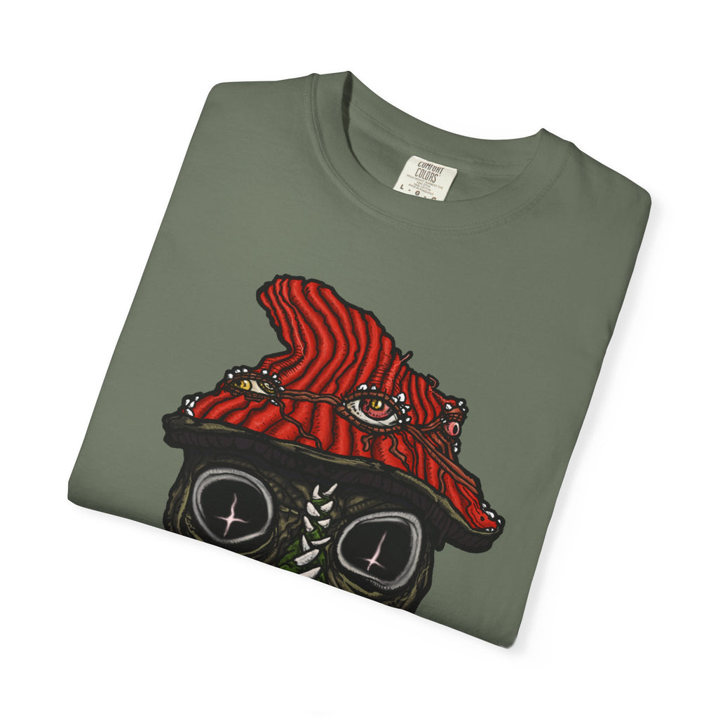 Freaky Features Mushroom Boy t-shirt, front shows grotesque mushroom skull with red cap and multiple eyes, back shows open pizza box with rainbow sprinkle donut

