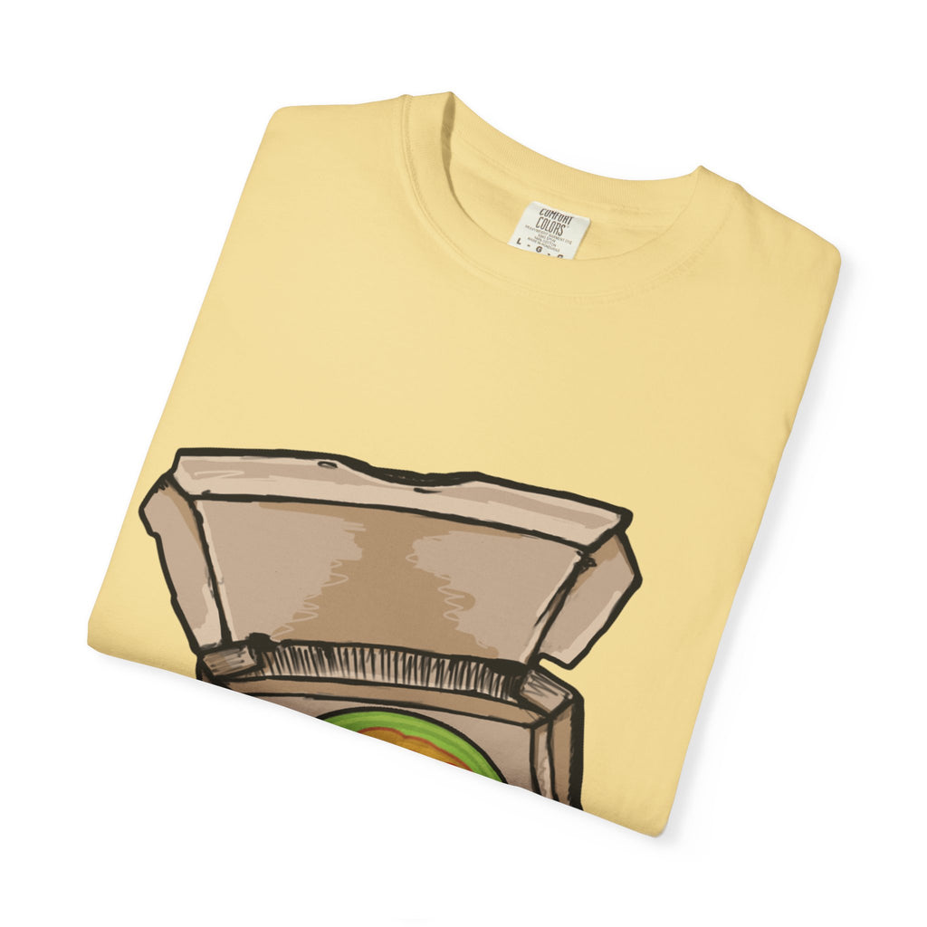 Hand-drawn frisbee pizza box t-shirt showing open pizza box with green frisbee pepperoni pizza from PizzaBytes collection

