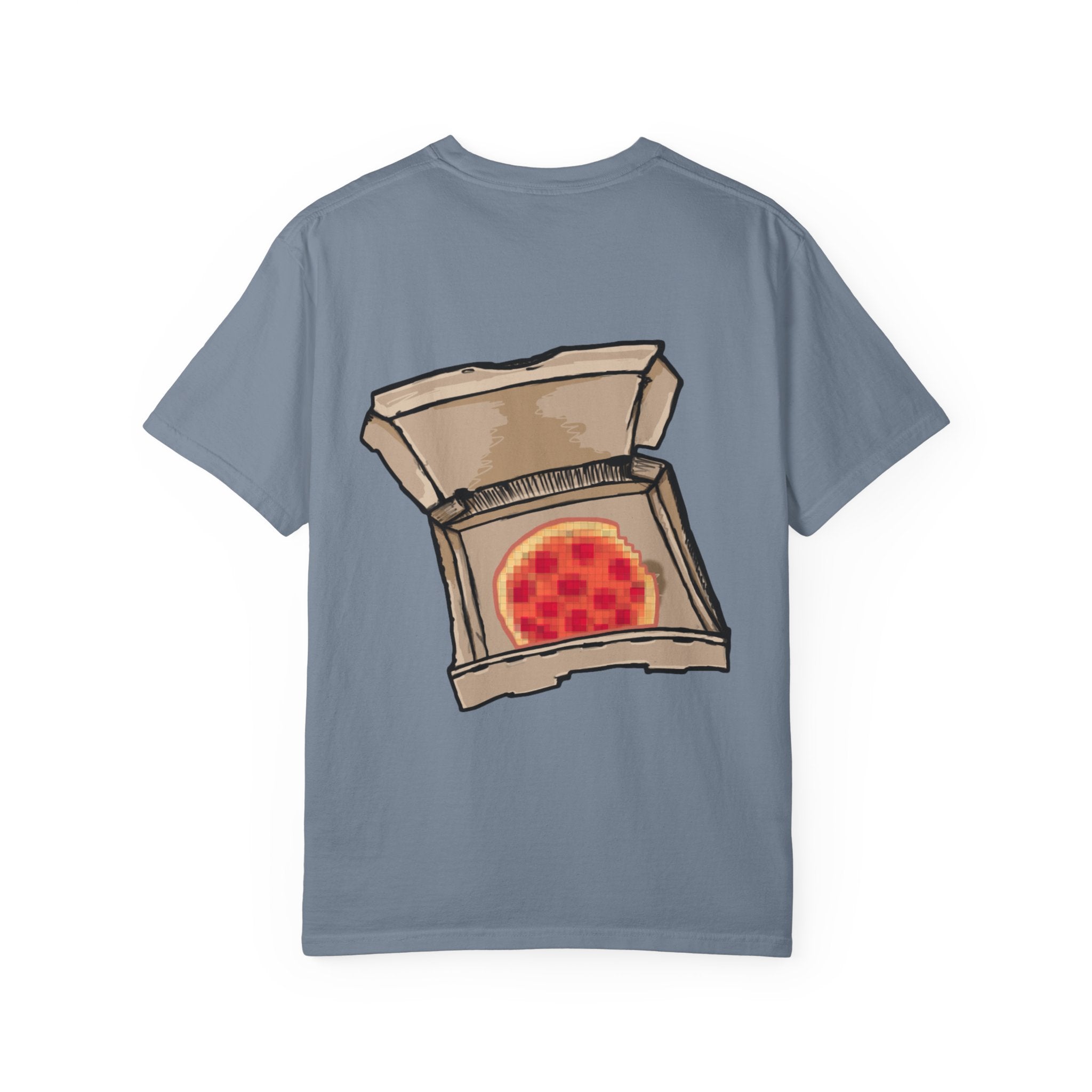 Freaky Features Robo Bobo t-shirt, front shows cybernetic robot skull with exposed brain and glowing eyes, back shows open pizza box with 8-bit pixel pepperoni pizza

