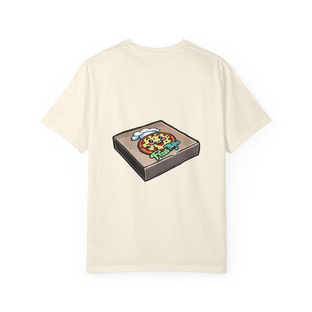 Hand-drawn PizzaBytes Set #3 t-shirt showing a 3x3 grid of open pizza boxes with various weird pizzas including rainbow donut, cherry pie and NFT from PizzaBytes collection

