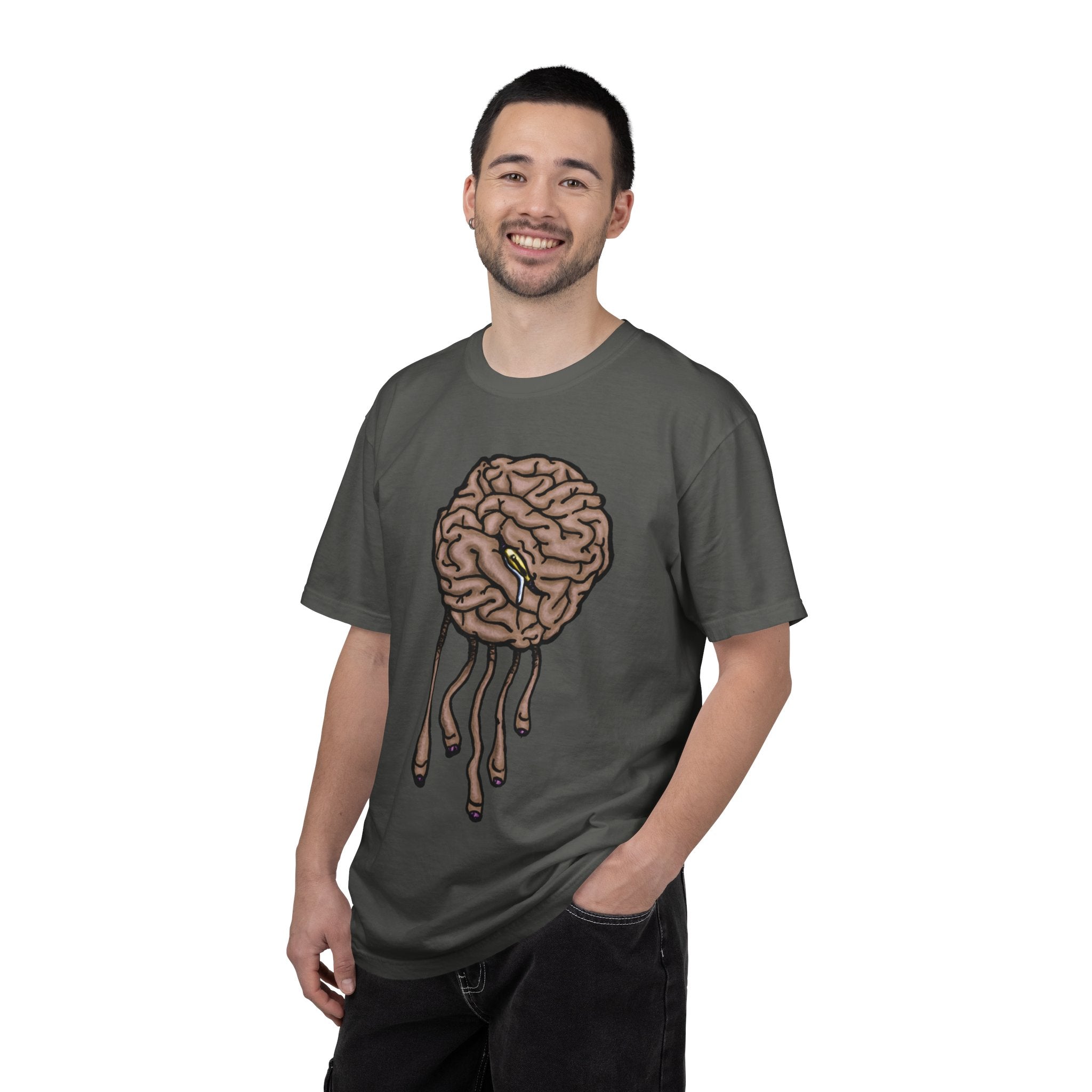 Freaky Features Sad Brian t-shirt, front shows a sad dripping brain monster with tentacles, back shows an open pizza box with half-eaten cake dripping
