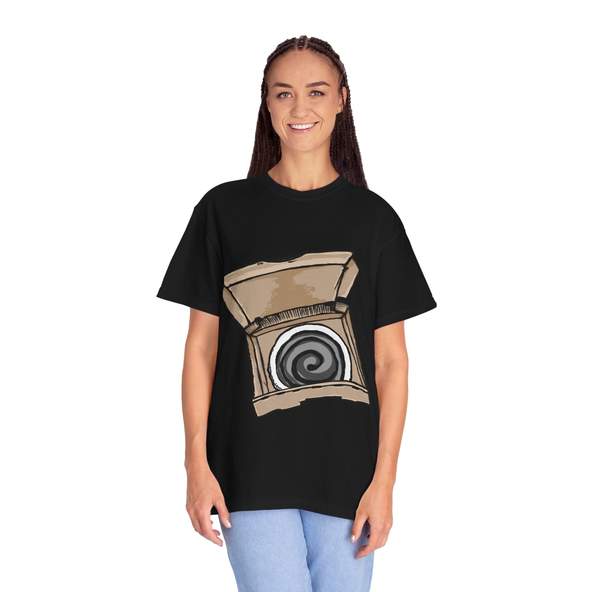 Hand-drawn swirl hypno pizza box t-shirt showing open pizza box with hypnotic spiral pattern from PizzaBytes collection
