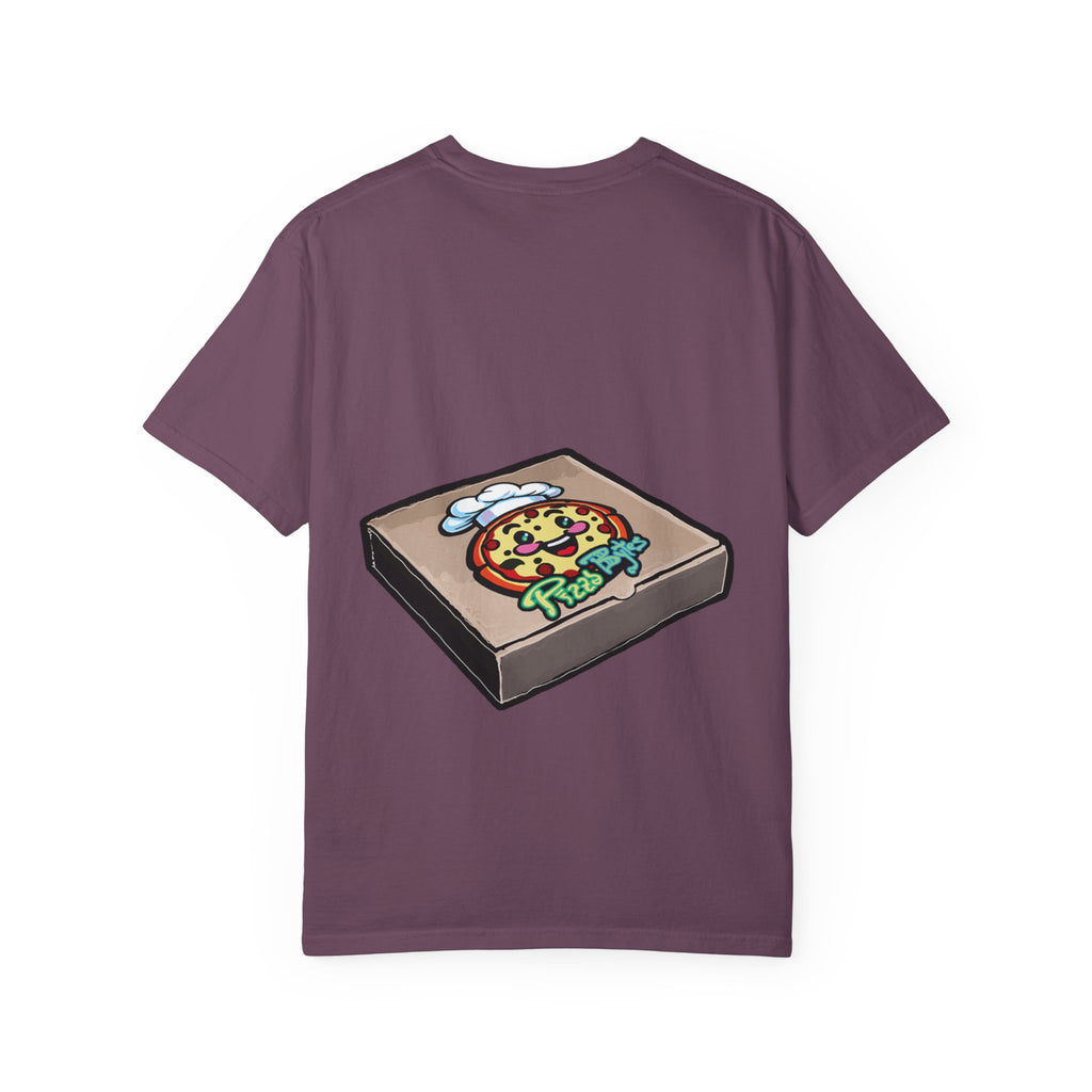 Hand-drawn pixel pizza box t-shirt showing open pizza box with 8-bit pixel art pepperoni pizza from PizzaBytes collection


