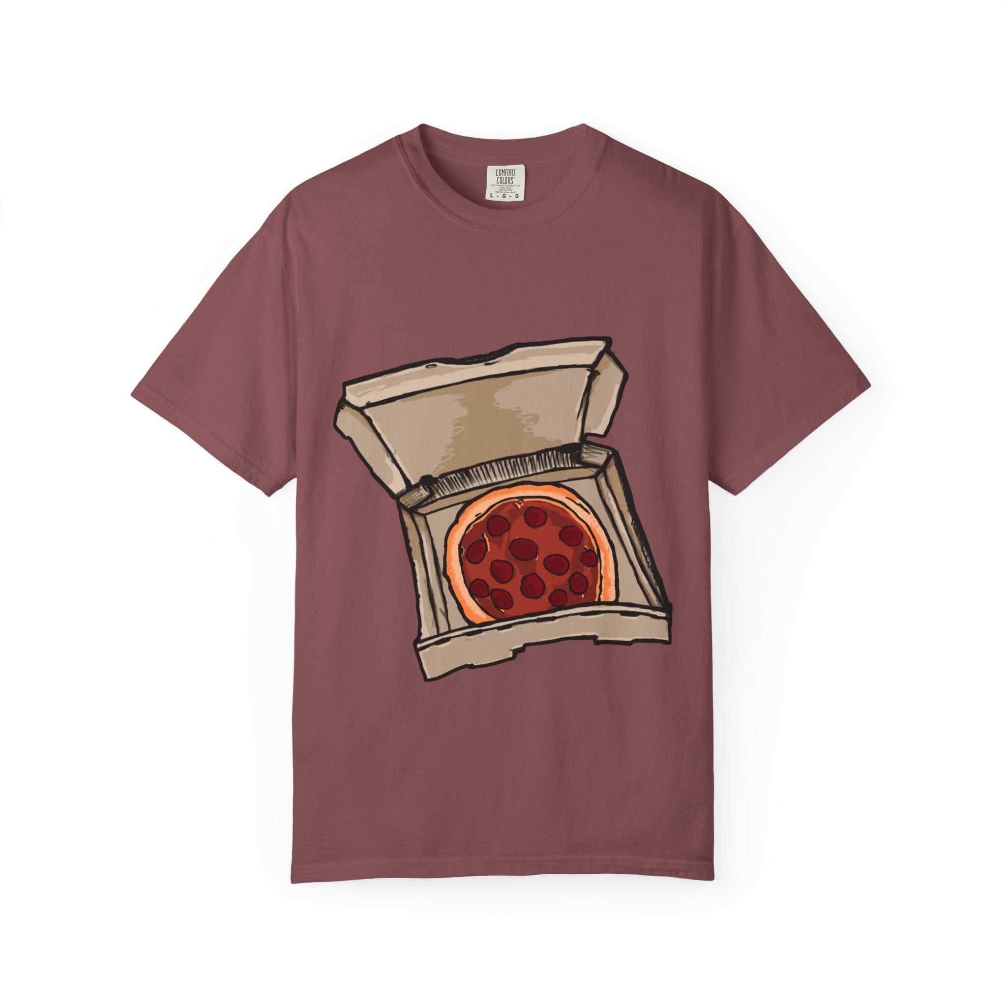 Hand-drawn classic pepperoni pizza box t-shirt showing open pizza box with pepperoni pizza from PizzaBytes collection

