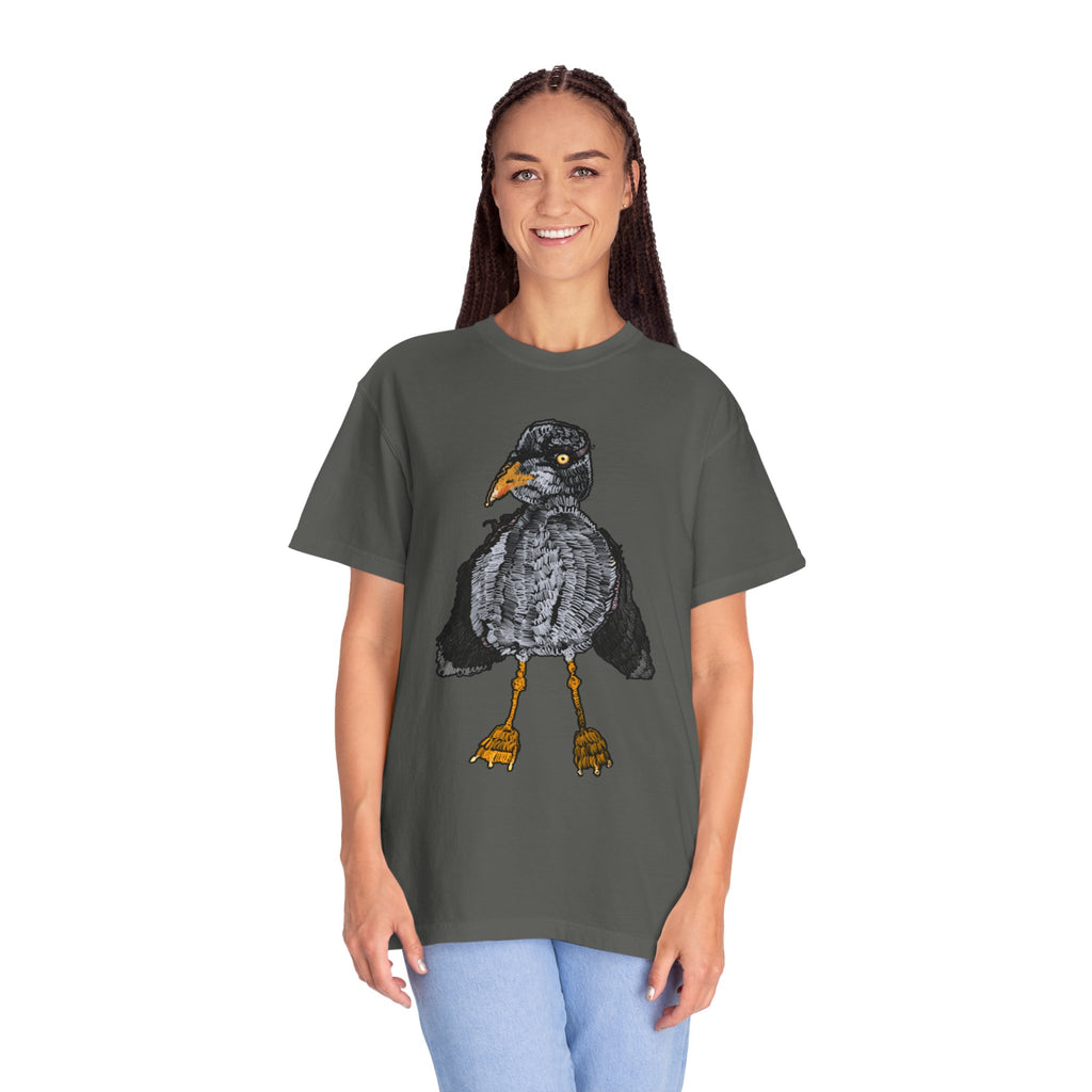 Hand-drawn crocheted staring seagull t-shirt with textured feathers, intense yellow eye and orange legs on Comfort Colors tee from PizzaBytes collection
