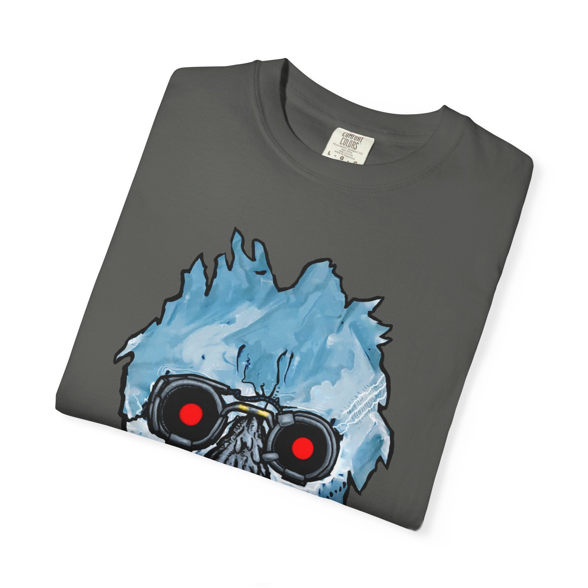 Freaky Features Iceman t-shirt, front shows frozen ice monster head with red goggles and fangs, back shows open pizza box with ice pizza inside
