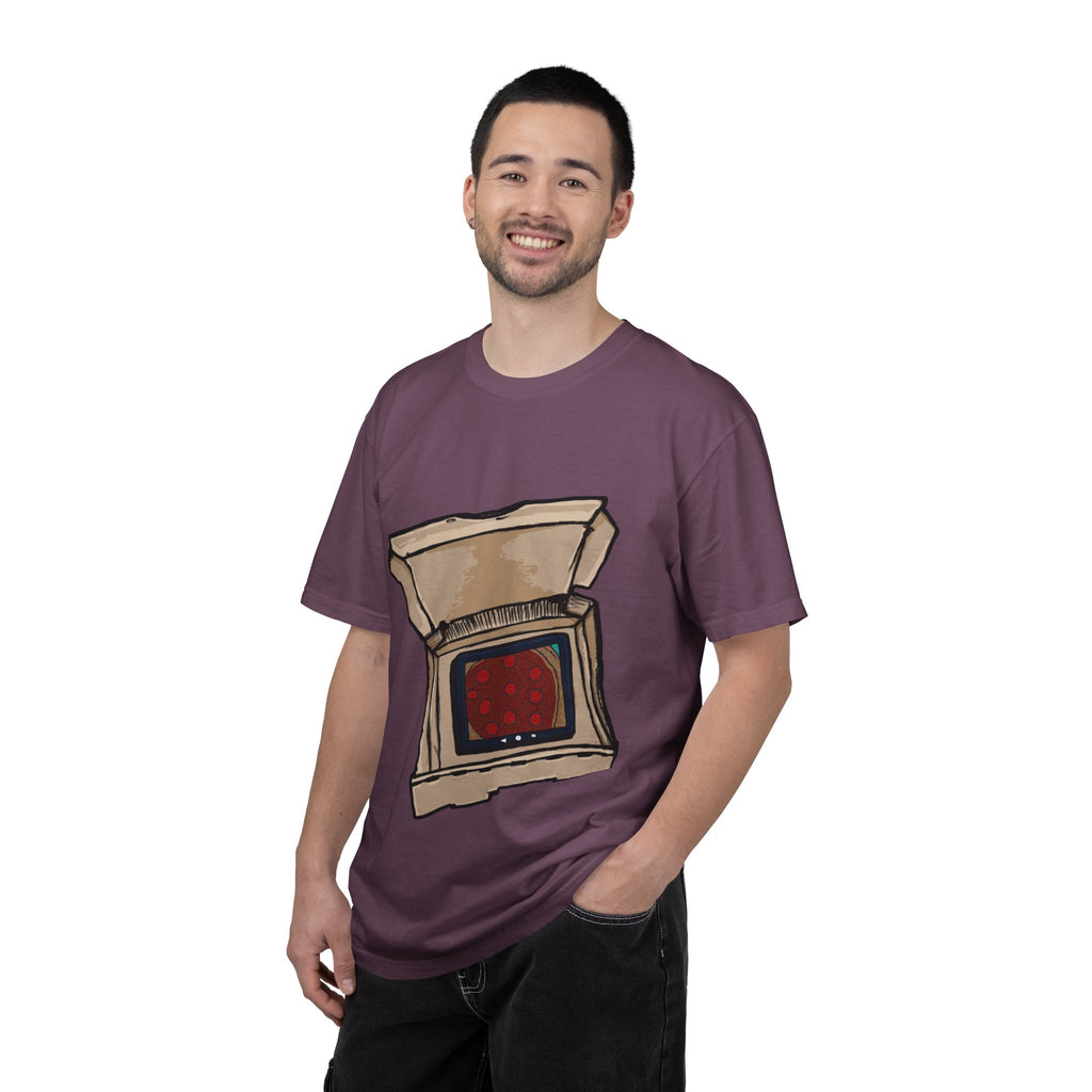 Hand-drawn TV pizza box t-shirt showing open pizza box turned into a retro television with pepperoni pizza on the screen from PizzaBytes collection

