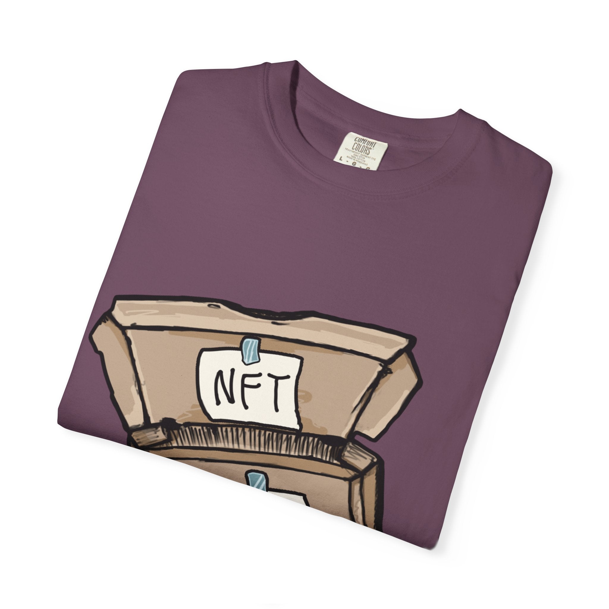 Hand-drawn NFT pizza box t-shirt showing open pizza box with NFT note and #PB pizza drawing from PizzaBytes collection

