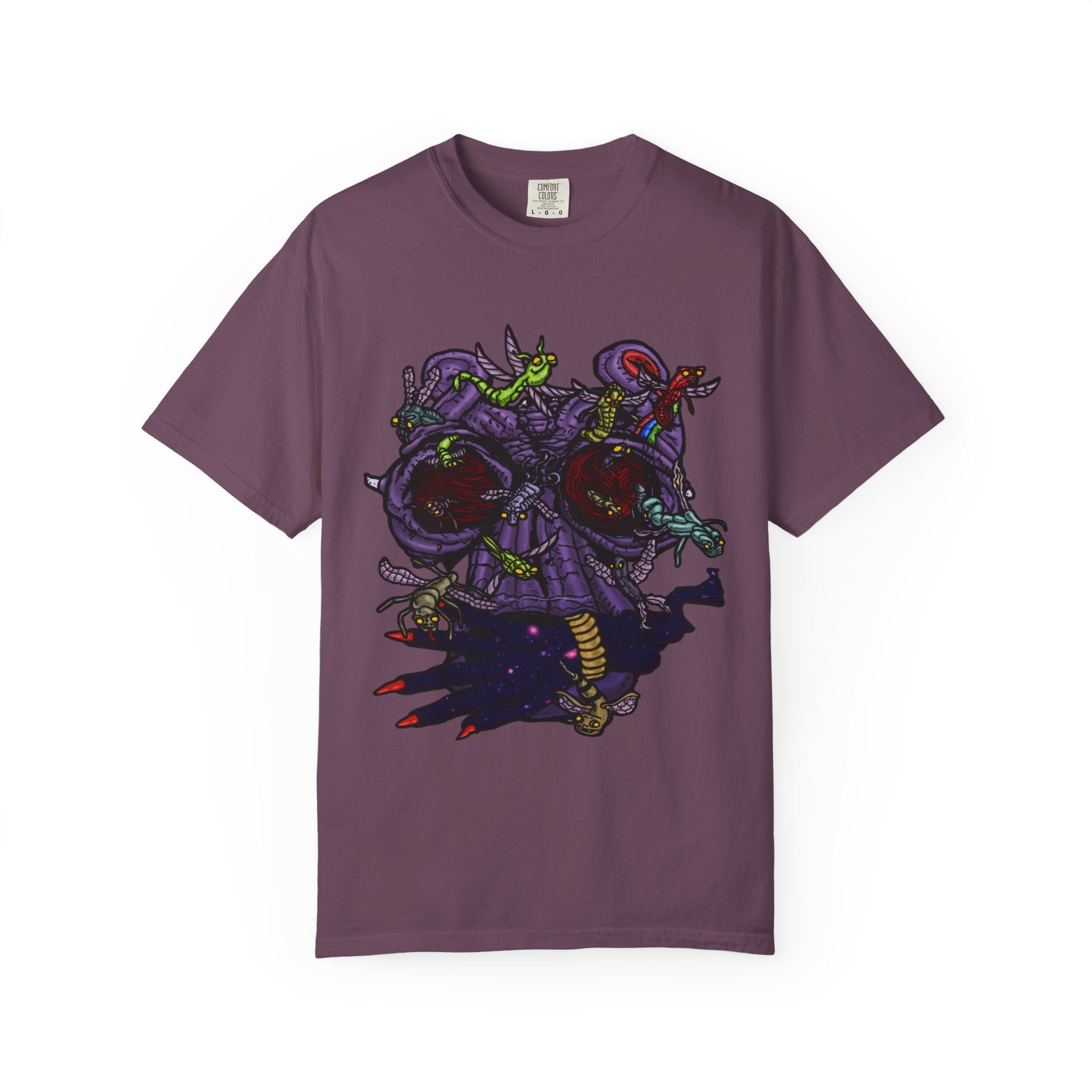 Freaky Features Alien t-shirt, front shows chaotic purple alien tentacles and insect swarm, back shows open pizza box designed as retro TV with pepperoni pizza inside

