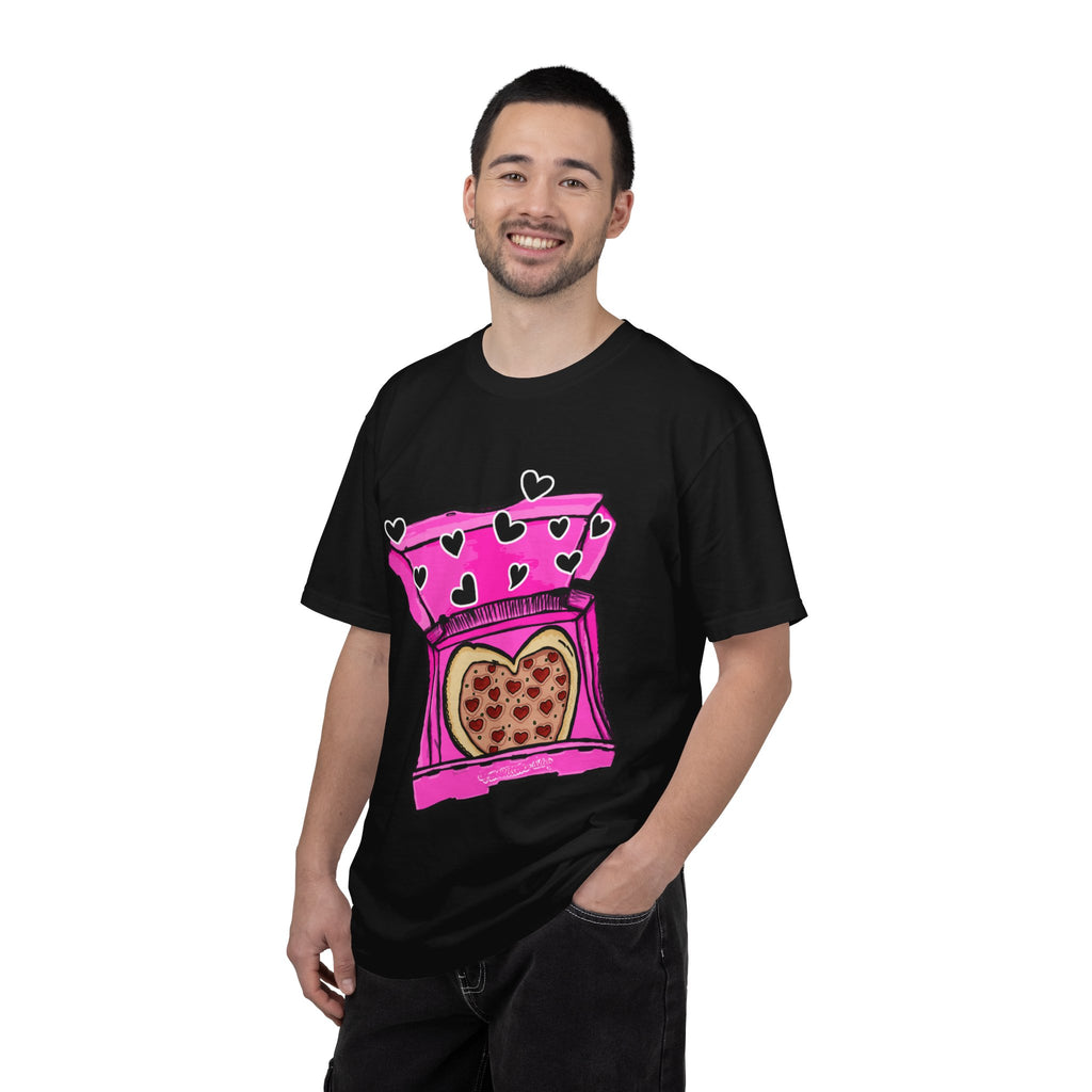 Hand-drawn heart pizza box t-shirt with pink pizza box, heart-shaped pepperoni pizza and floating black hearts on Comfort Color tee from PizzaBytes collection

