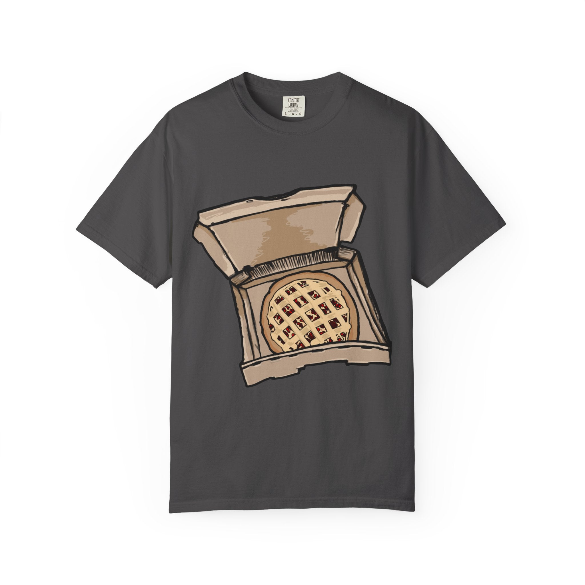 Hand-drawn cherry pie pizza box t-shirt showing open pizza box with lattice-top cherry pie from PizzaBytes collection

