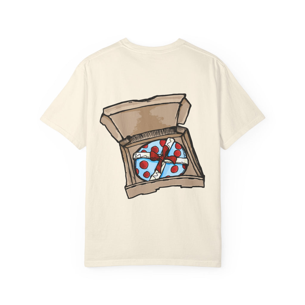Freaky Features Gremlin t-shirt, front shows grotesque gremlin head with yellow hair and long tongue, back shows open pizza box with wrapped gift inside
