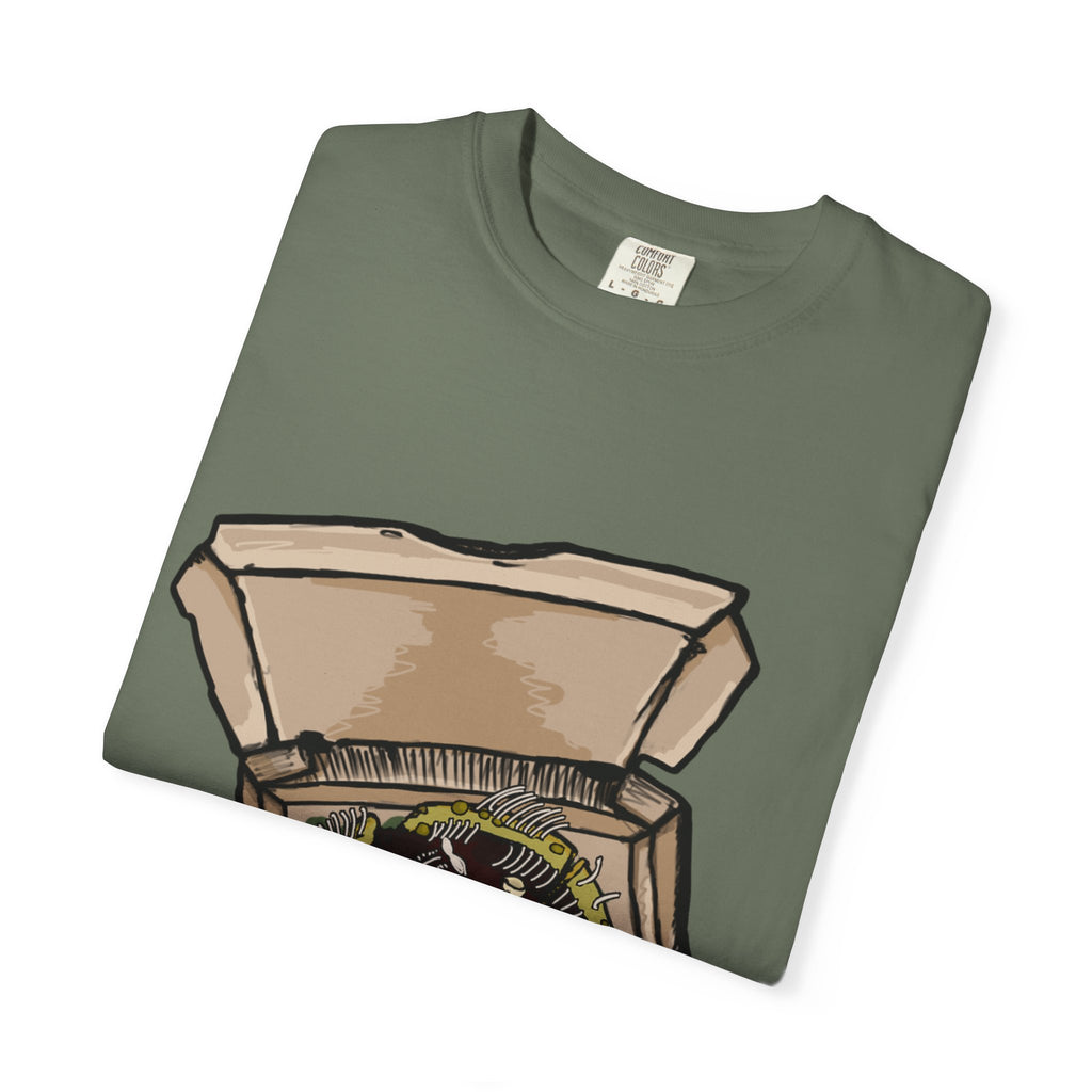 Hand-drawn sewer pizza box t-shirt showing open pizza box with skeletons, bones and green sludge pizza from PizzaBytes collection

