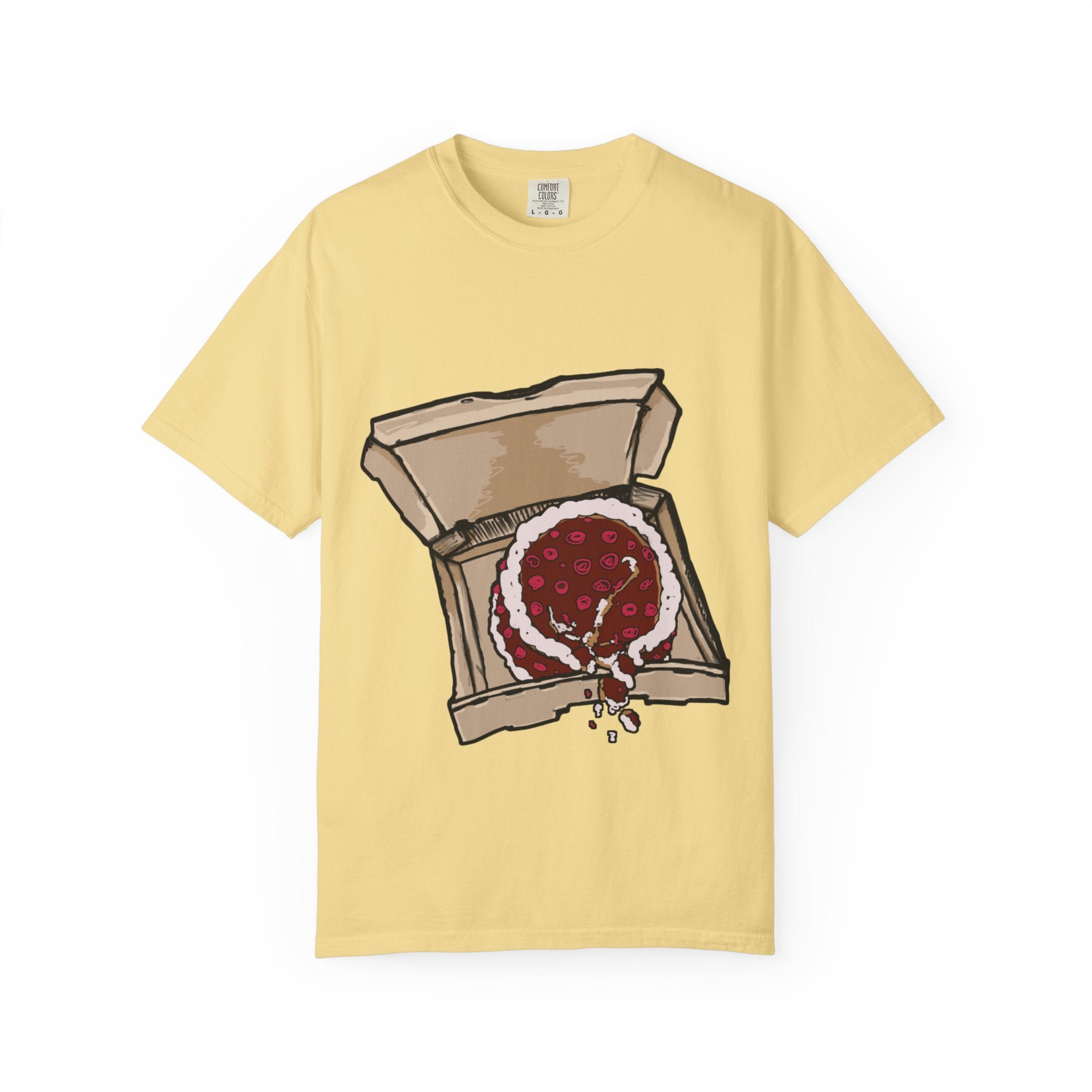Hand-drawn cake pizza box t-shirt showing open pizza box with melting cake from PizzaBytes collection


