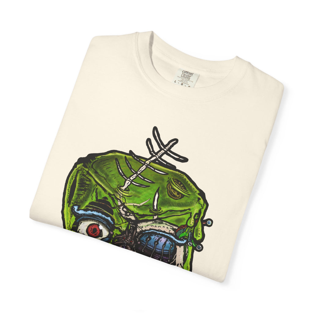 Freaky Features Radioactive Blob t-shirt, front shows neon green radioactive blob monster with cracked skull and glowing eyes, back shows open pizza box with glowing green jelly
