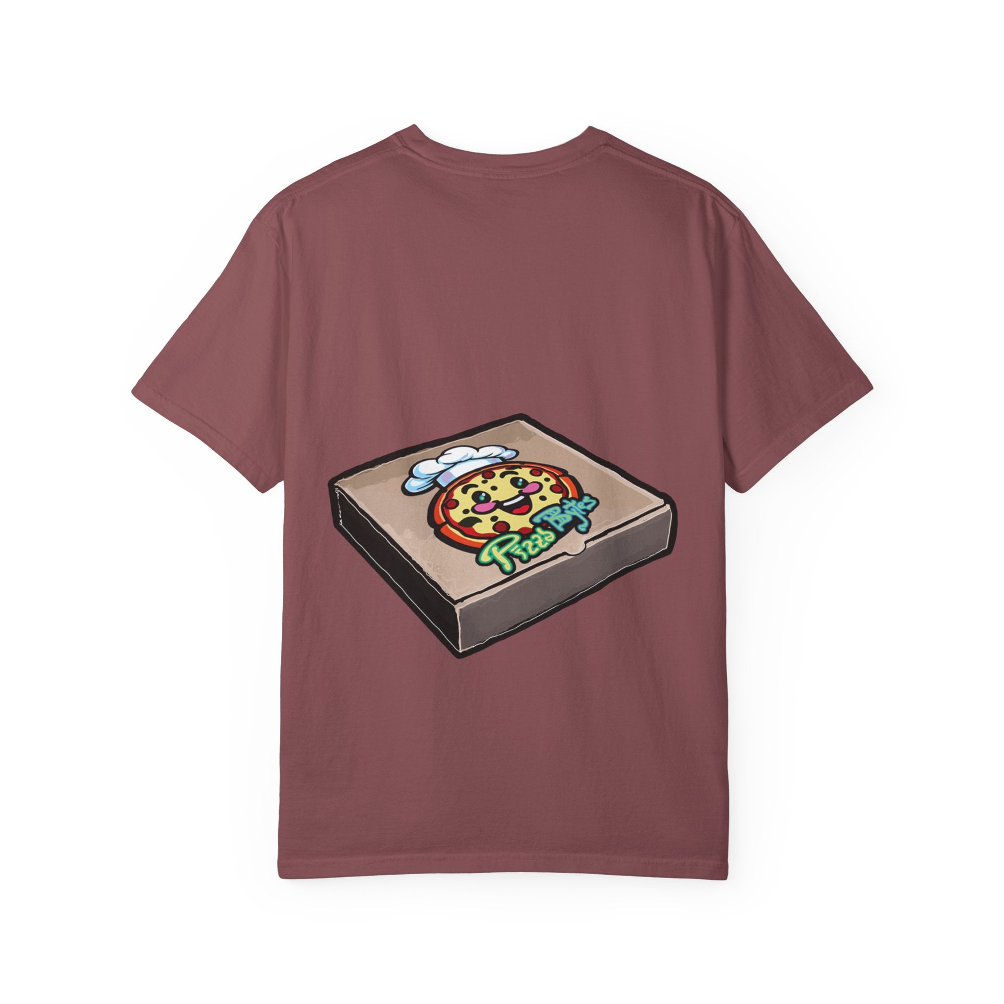 Hand-drawn pepperoni bacon pineapple pizza box t-shirt showing open pizza box with pepperoni, bacon and pineapple pizza from PizzaBytes collection

