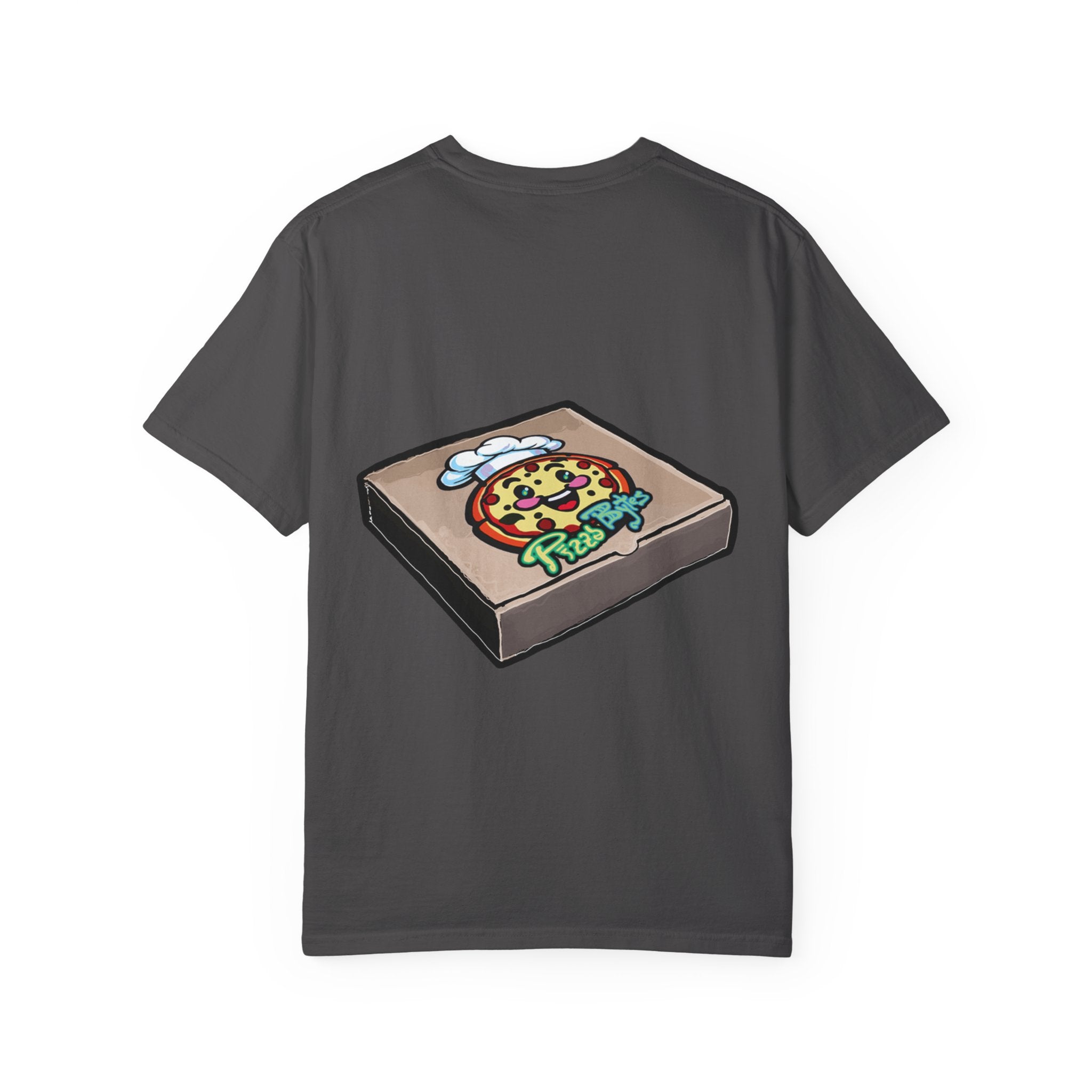 Hand-drawn sewer pizza box t-shirt showing open pizza box with skeletons, bones and green sludge pizza from PizzaBytes collection

