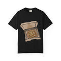 Hand-drawn noodle pizza box t-shirt showing open pizza box with pizza topped with crispy noodles from PizzaBytes collection


