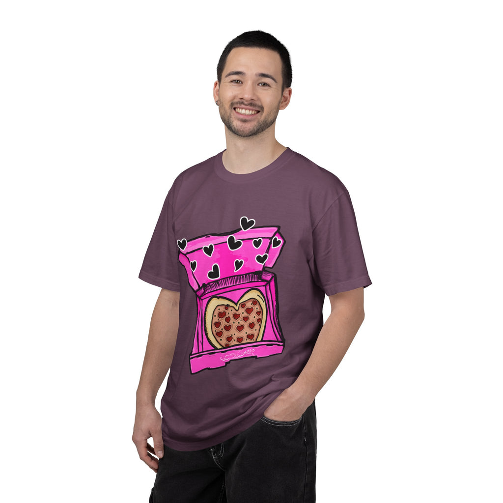Hand-drawn heart pizza box t-shirt with pink pizza box, heart-shaped pepperoni pizza and floating black hearts on Comfort Color tee from PizzaBytes collection
