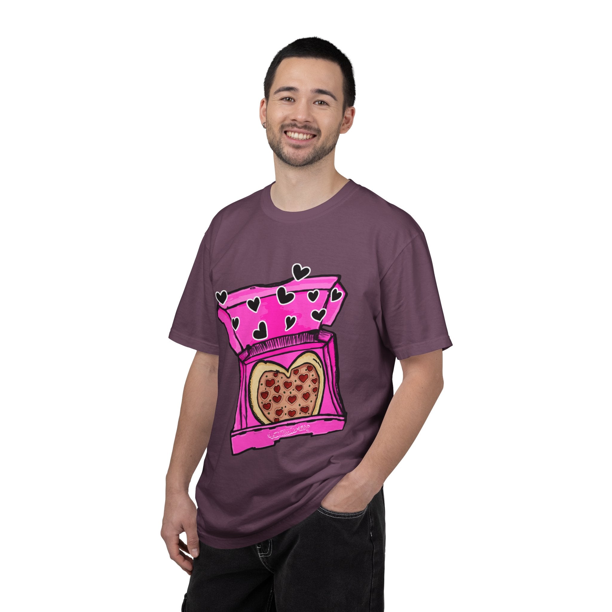 Hand-drawn heart pizza box t-shirt with pink pizza box, heart-shaped pepperoni pizza and floating black hearts on Comfort Color tee from PizzaBytes collection
