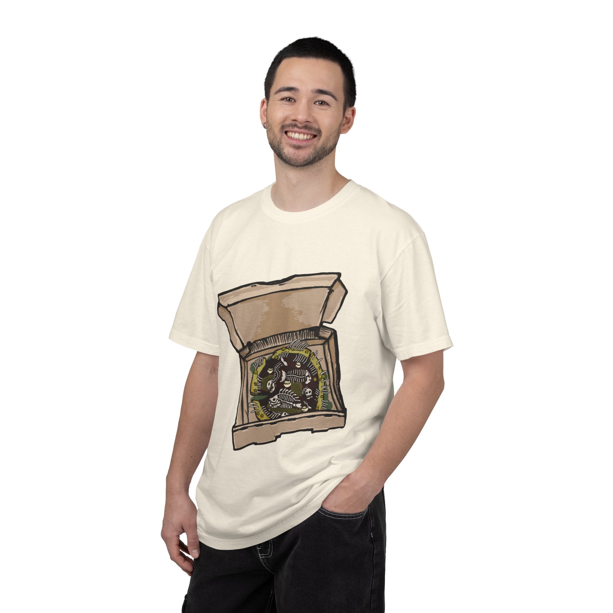Hand-drawn sewer pizza box t-shirt showing open pizza box with skeletons, bones and green sludge pizza from PizzaBytes collection

