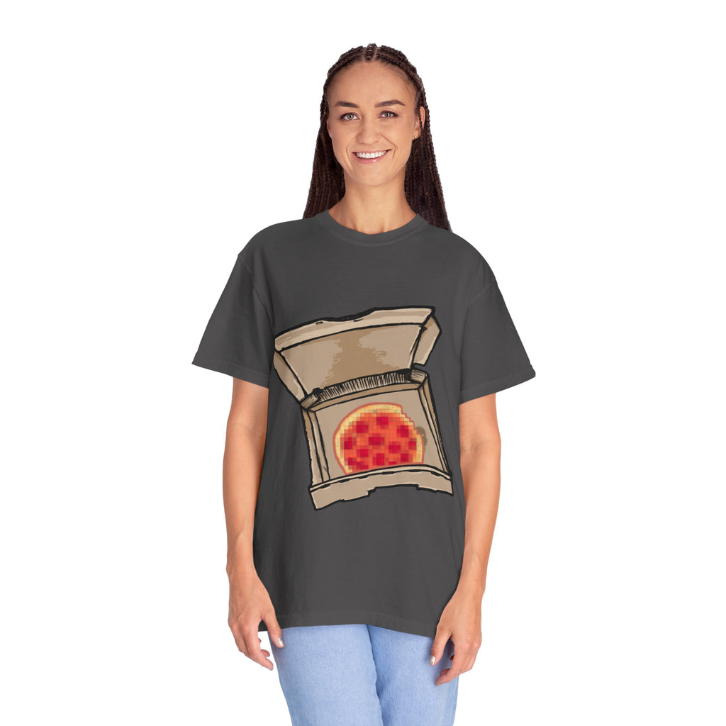 Hand-drawn pixel pizza box t-shirt showing open pizza box with 8-bit pixel art pepperoni pizza from PizzaBytes collection

