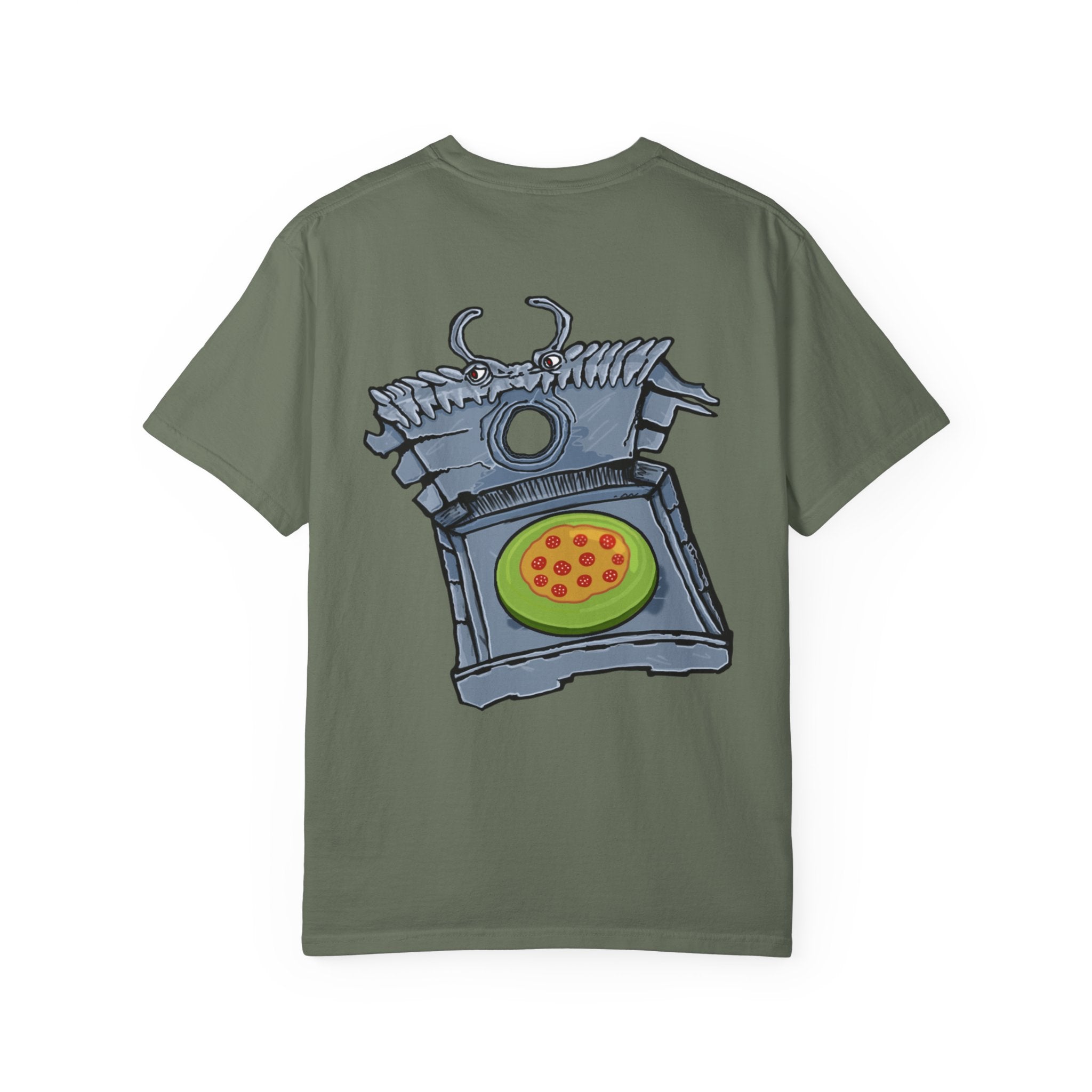 Freaky Features Franky t-shirt, front shows Frankenstein-style monster head with cucumber eyes and poison vial nose, back shows monster-headed pizza box with green pizza frisbee