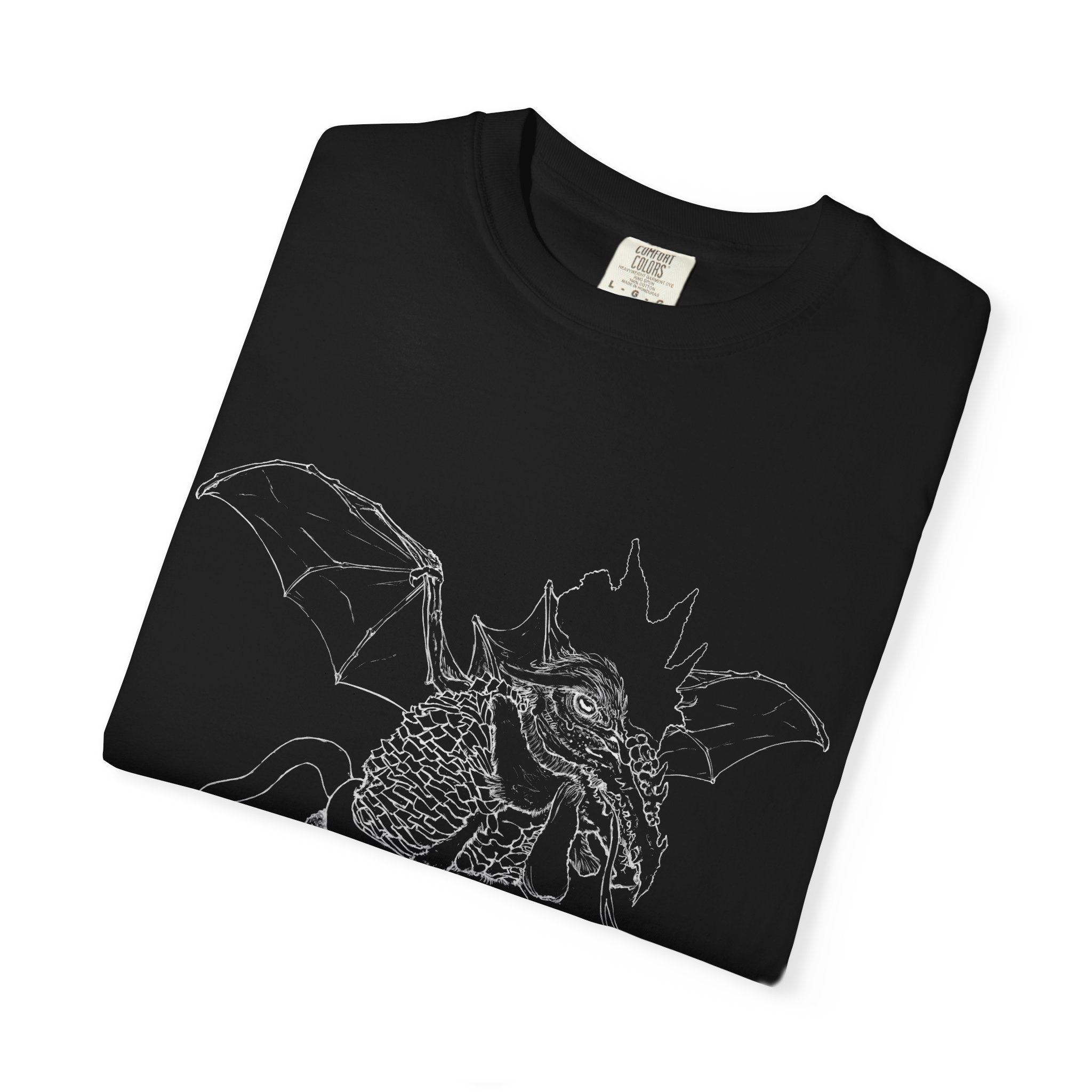 Hand-sketched Cockatrice t-shirt from Serenity Chain, mythical rooster-serpent creature in raw white line art on black tee

