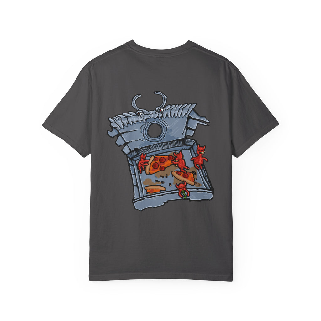 Freaky Features Fire Imp t-shirt, front shows a red bat-winged fire imp, back shows a monster-headed pizza box being raided by little red devils 
