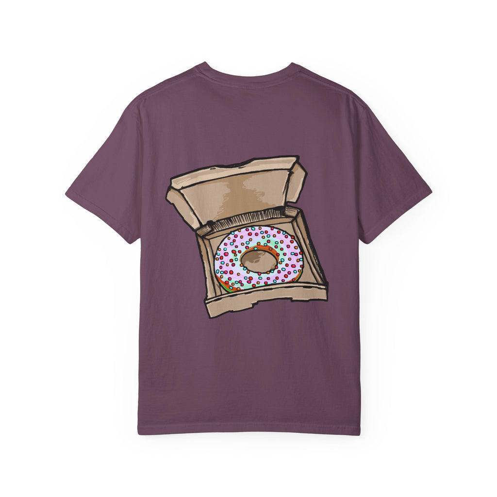 Freaky Features Mushroom Boy t-shirt, front shows grotesque mushroom skull with red cap and multiple eyes, back shows open pizza box with rainbow sprinkle donut
