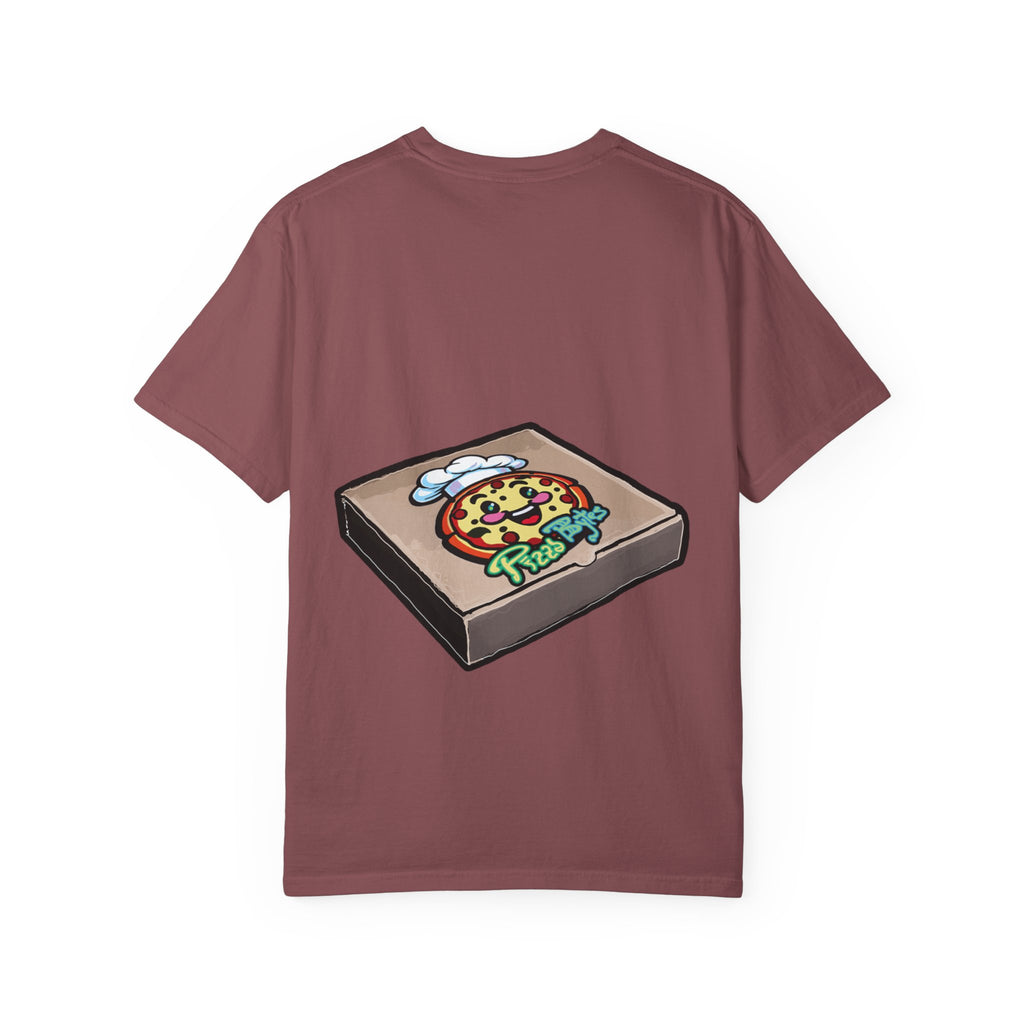 Hand-drawn classic pepperoni pizza box t-shirt showing open pizza box with pepperoni pizza from PizzaBytes collection

