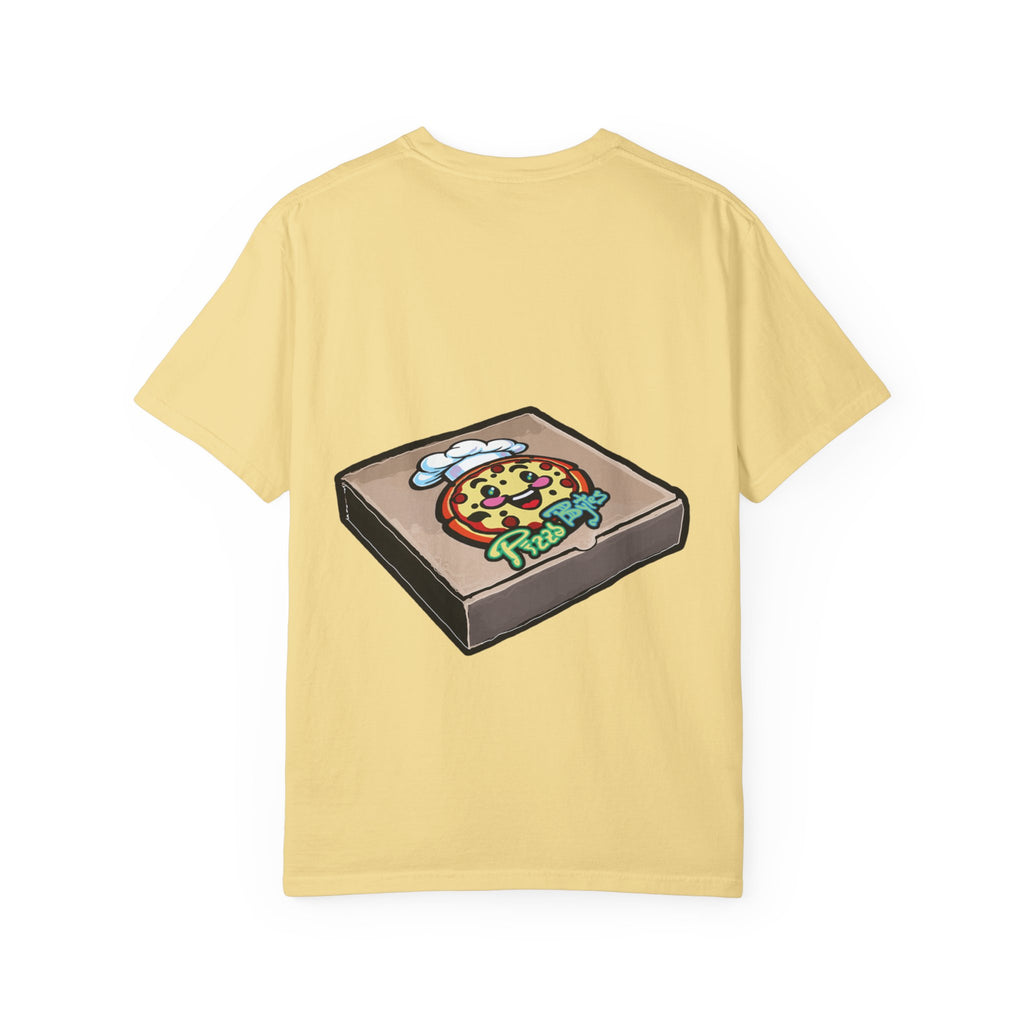 Hand-drawn brain pizza box t-shirt showing open pizza box with a detailed human brain pizza from PizzaBytes collection

