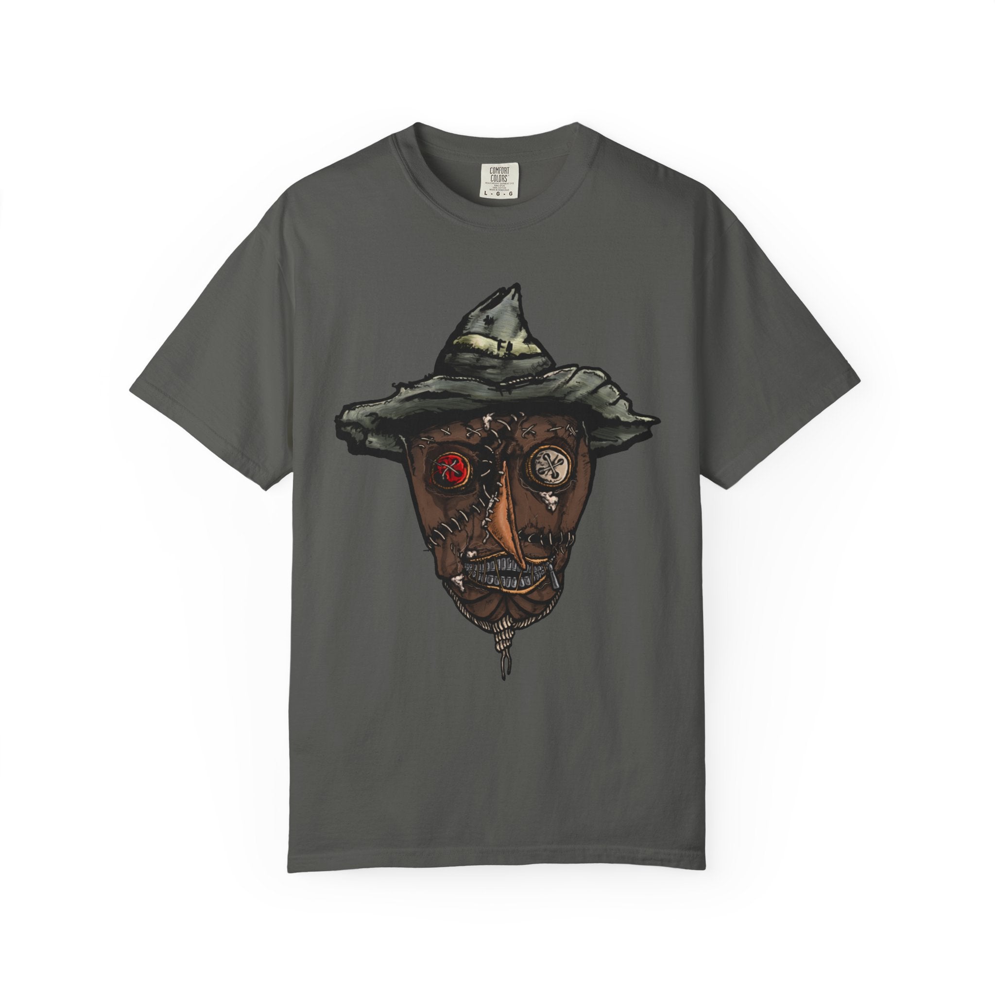 Freaky Features Scarecrow t-shirt, front shows creepy scarecrow head with witch hat and mismatched eyes, back shows open pizza box with lattice cherry pie
