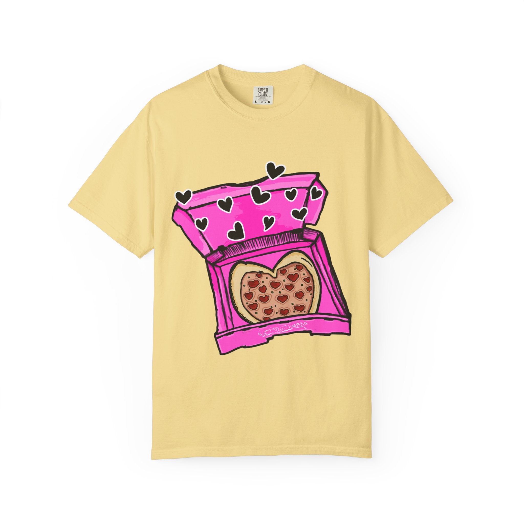 Hand-drawn heart pizza box t-shirt with pink pizza box, heart-shaped pepperoni pizza and floating black hearts on Comfort Color tee from PizzaBytes collection
