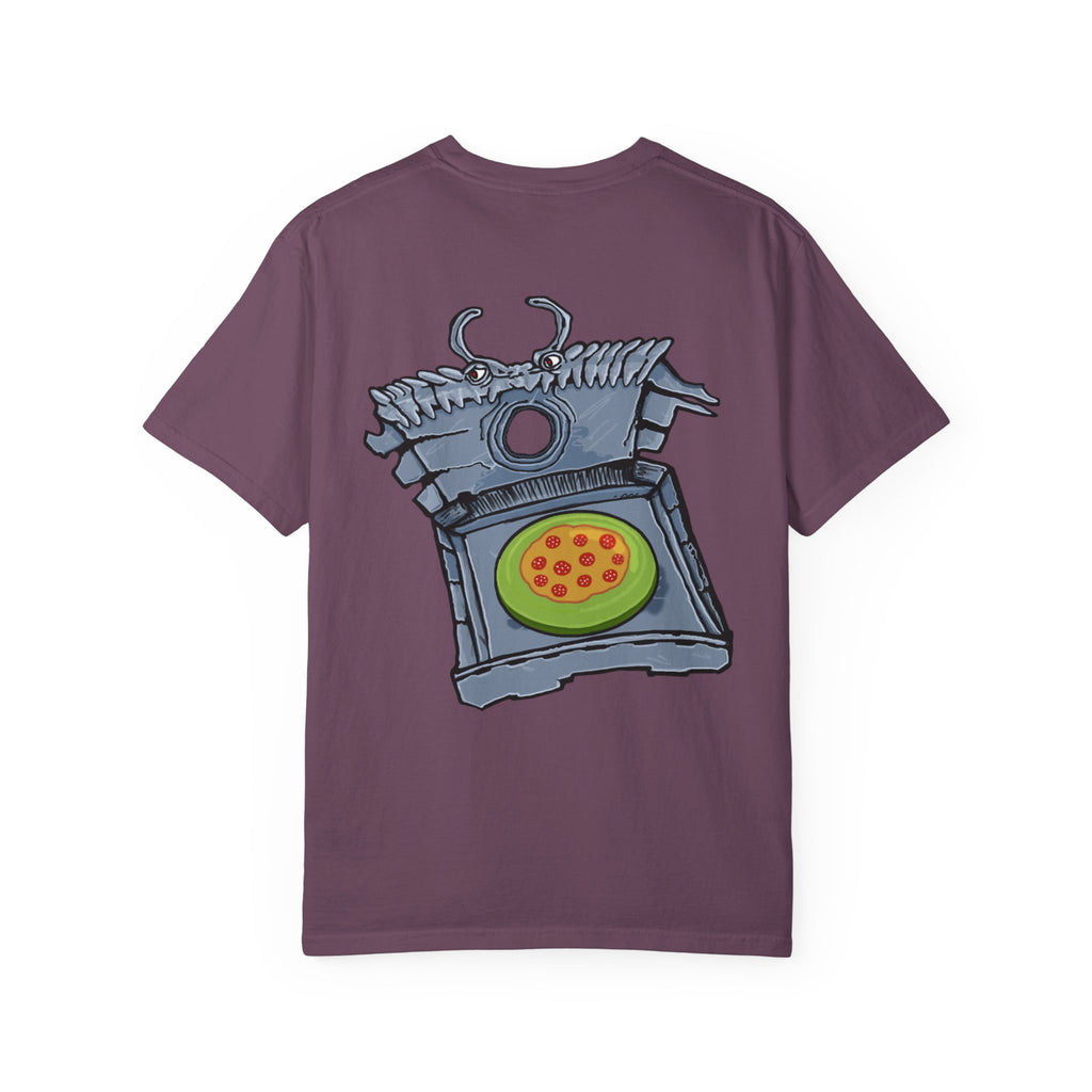 Freaky Features Franky t-shirt, front shows Frankenstein-style monster head with cucumber eyes and poison vial nose, back shows monster-headed pizza box with green pizza frisbee